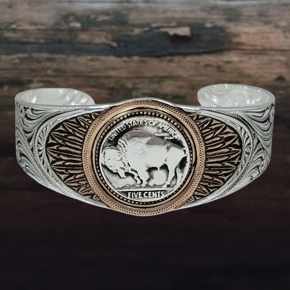 Montana Silversmiths Fine Silver & 24K Gold Prarie Dancers Buffalo Bracelet New!